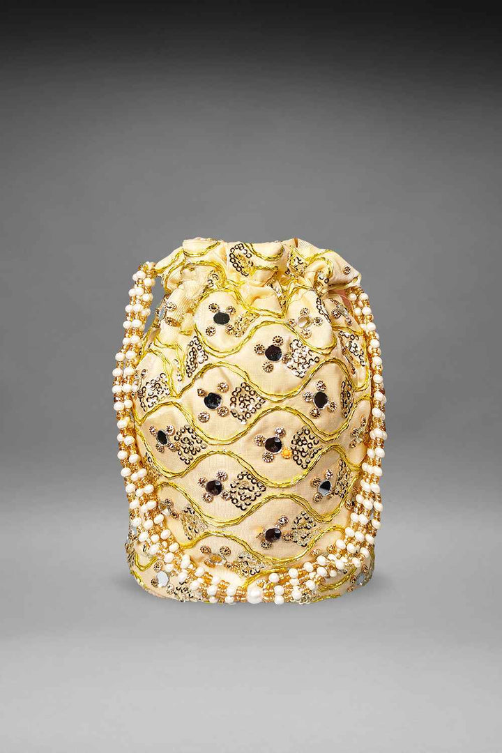 Beige Mirror Work Potli Bag