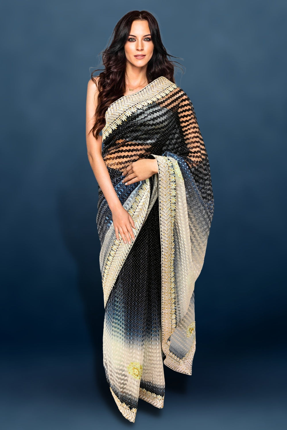 black stone work saree - black saree stone work -  black net saree with stone work