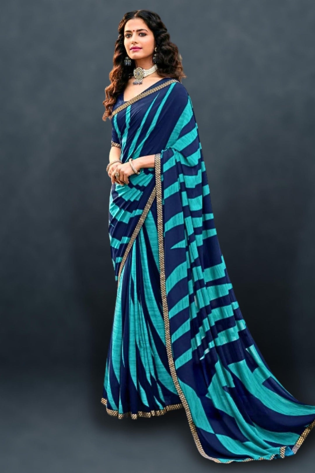 blue georgette saree - navy blue georgette saree - royal blue georgette saree
