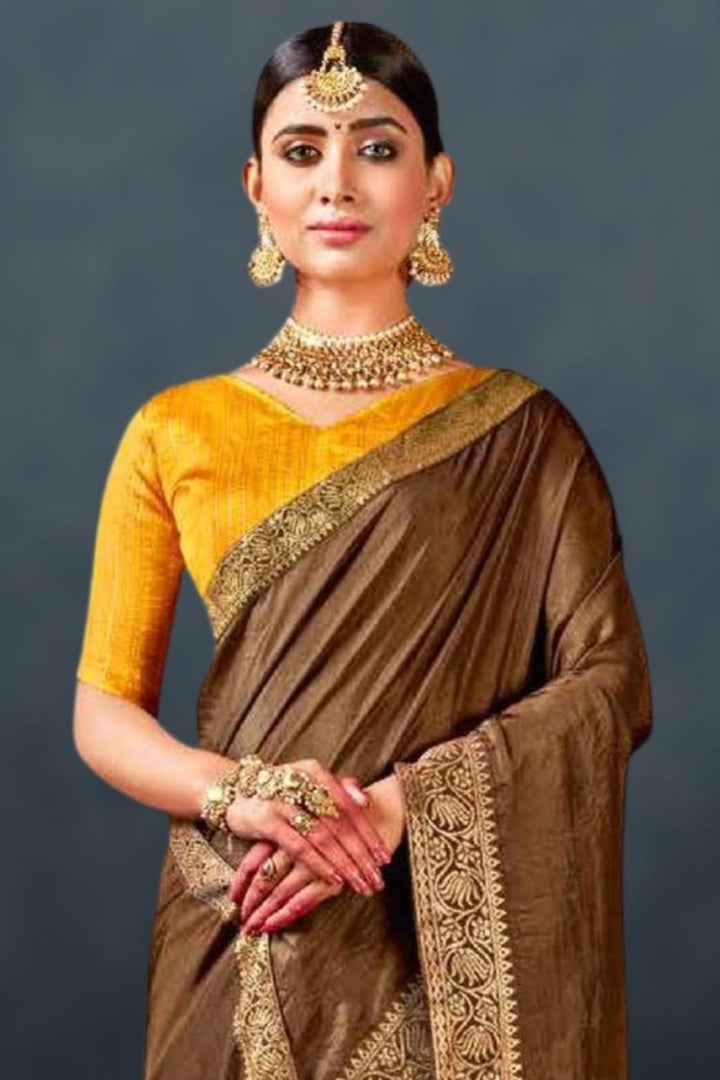 brown silk saree - brown silk saree contrast blouse
