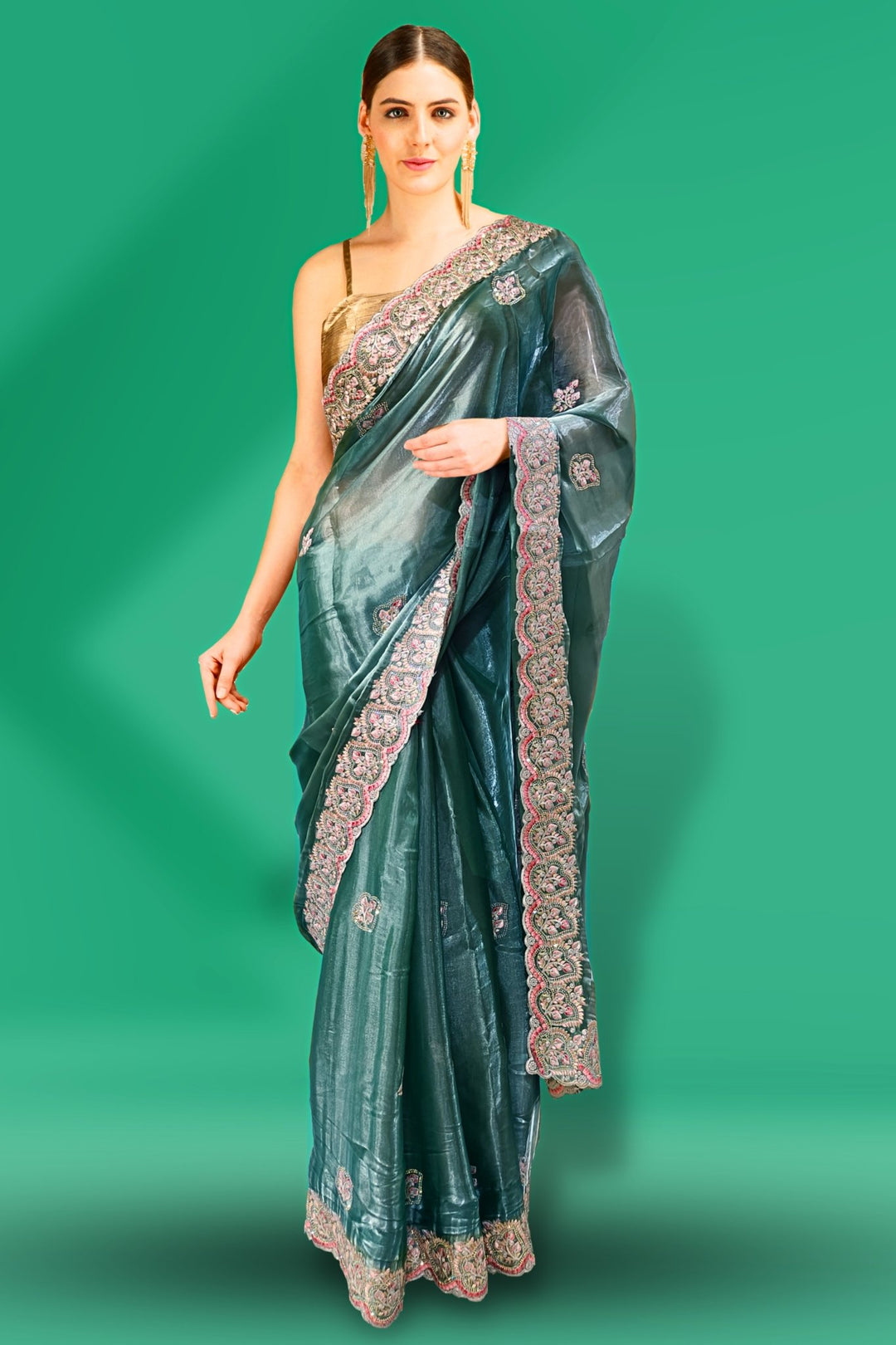 green organza saree - organza green saree - pista green organza saree - light green organza saree - dark green organza saree - green floral organza saree