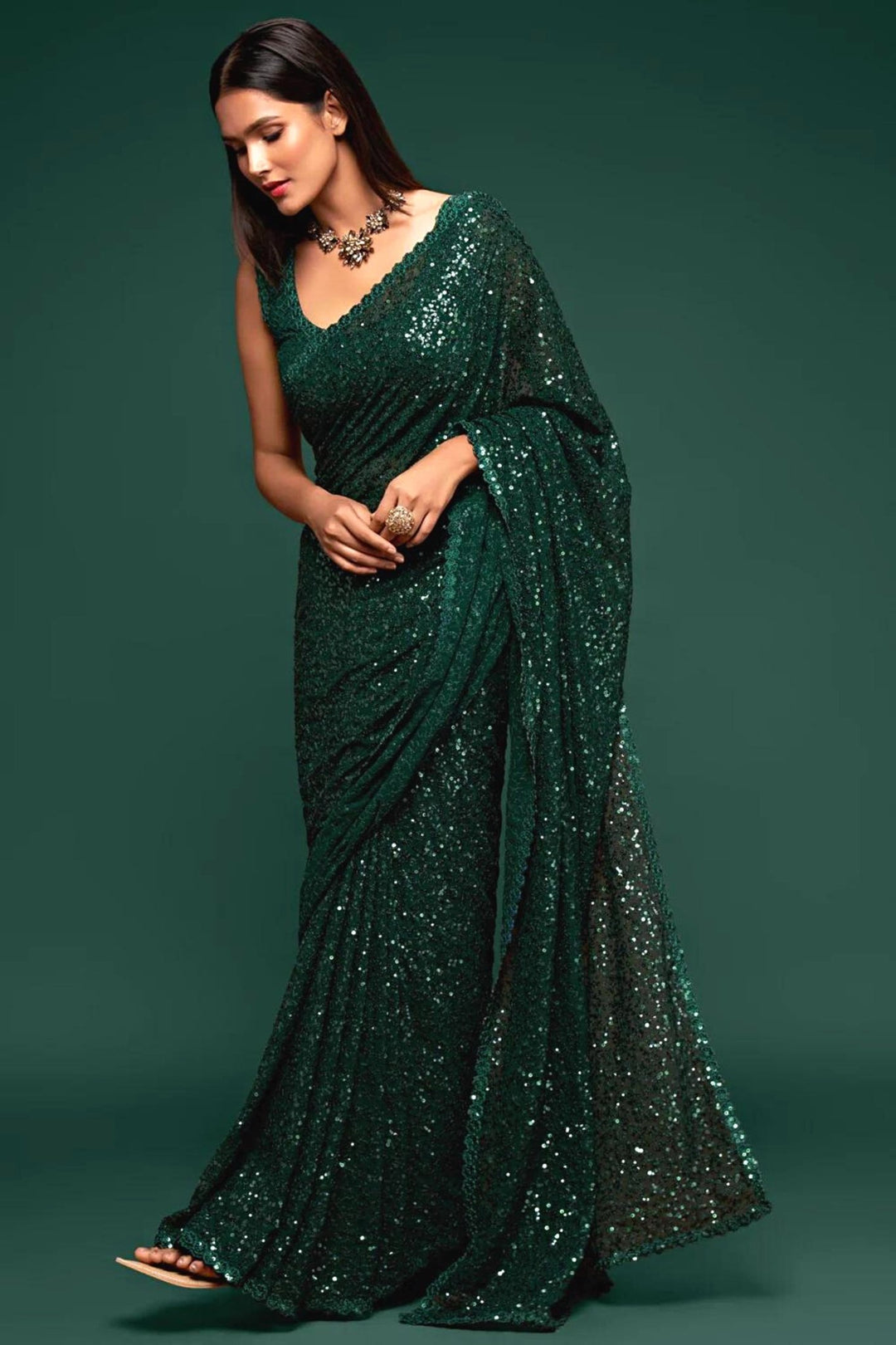 green sequin saree - bottle green sequin saree