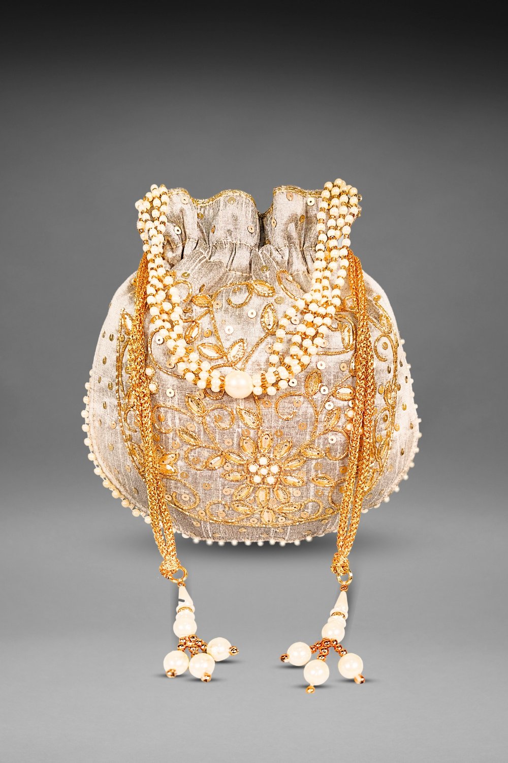 Grey Pearl Work Potli Bag