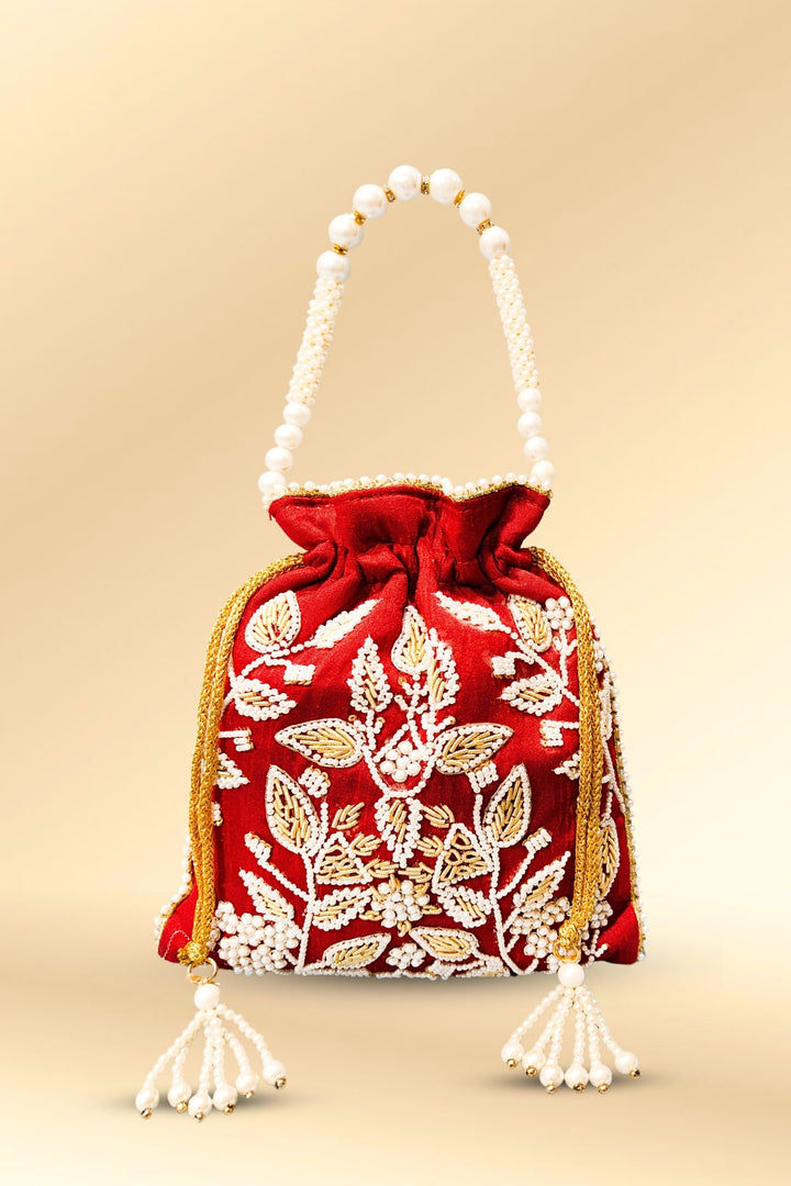 maroon pearl work potli bag