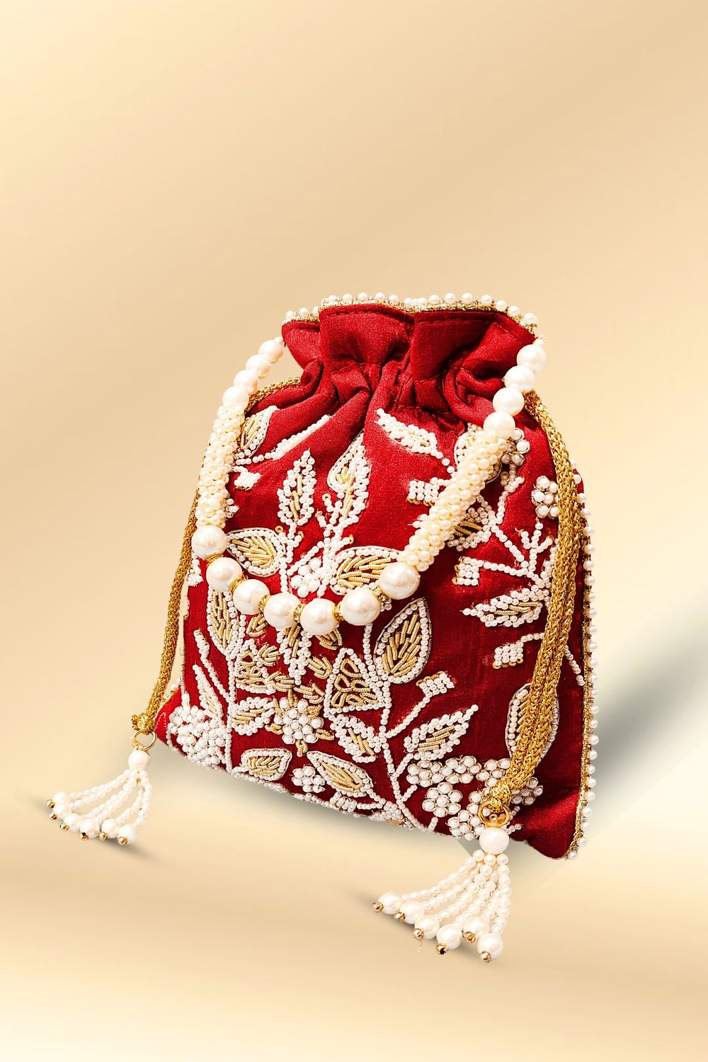 maroon pearl work potli bag