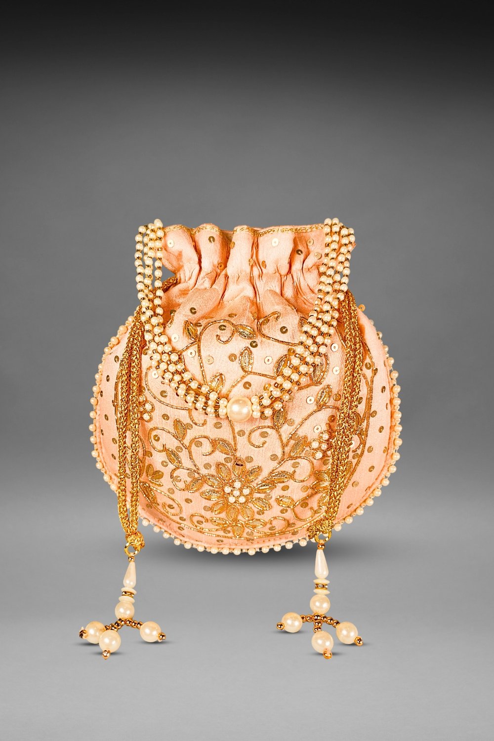 peach pearl work potli bag