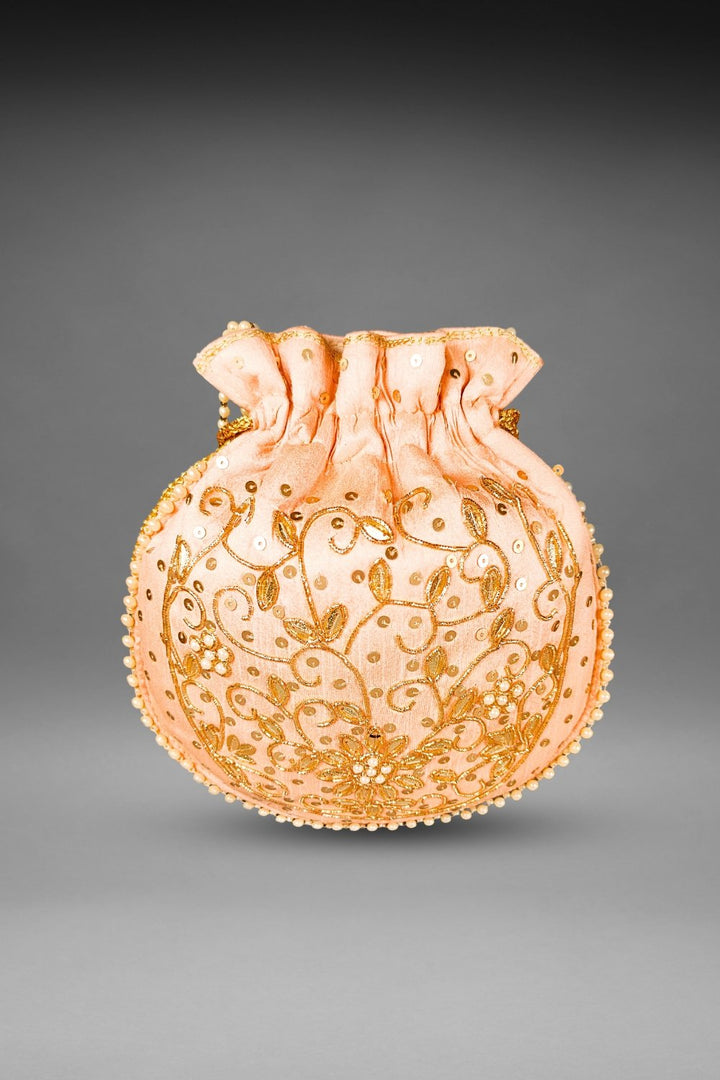 peach pearl work potli bag